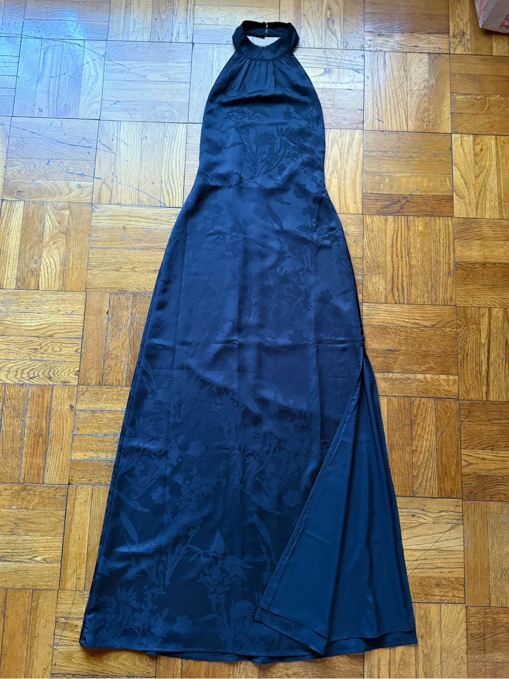 Vintage Black Satin Halter Neck Floral Jacquard Maxi Dress